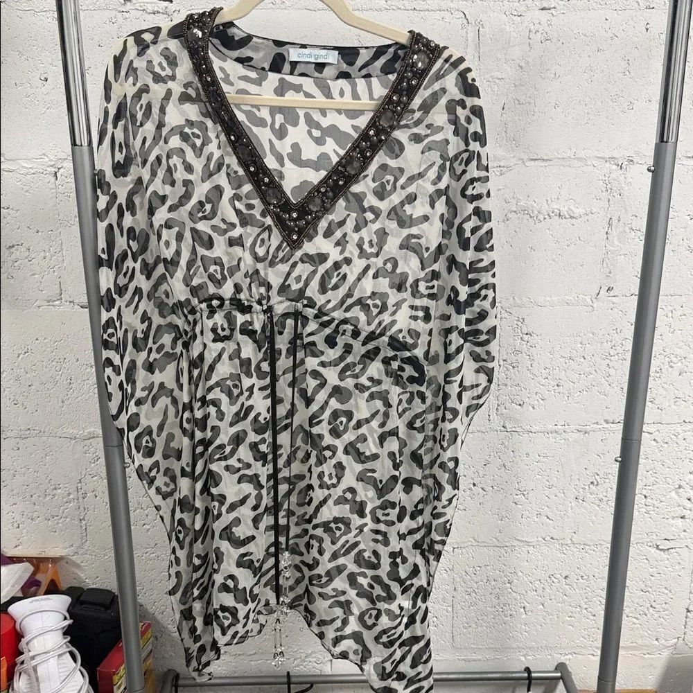 Animal Print Sheer Tunic Beaded Neckline 100% Silk Cover Up - BRAND NEW - Small
